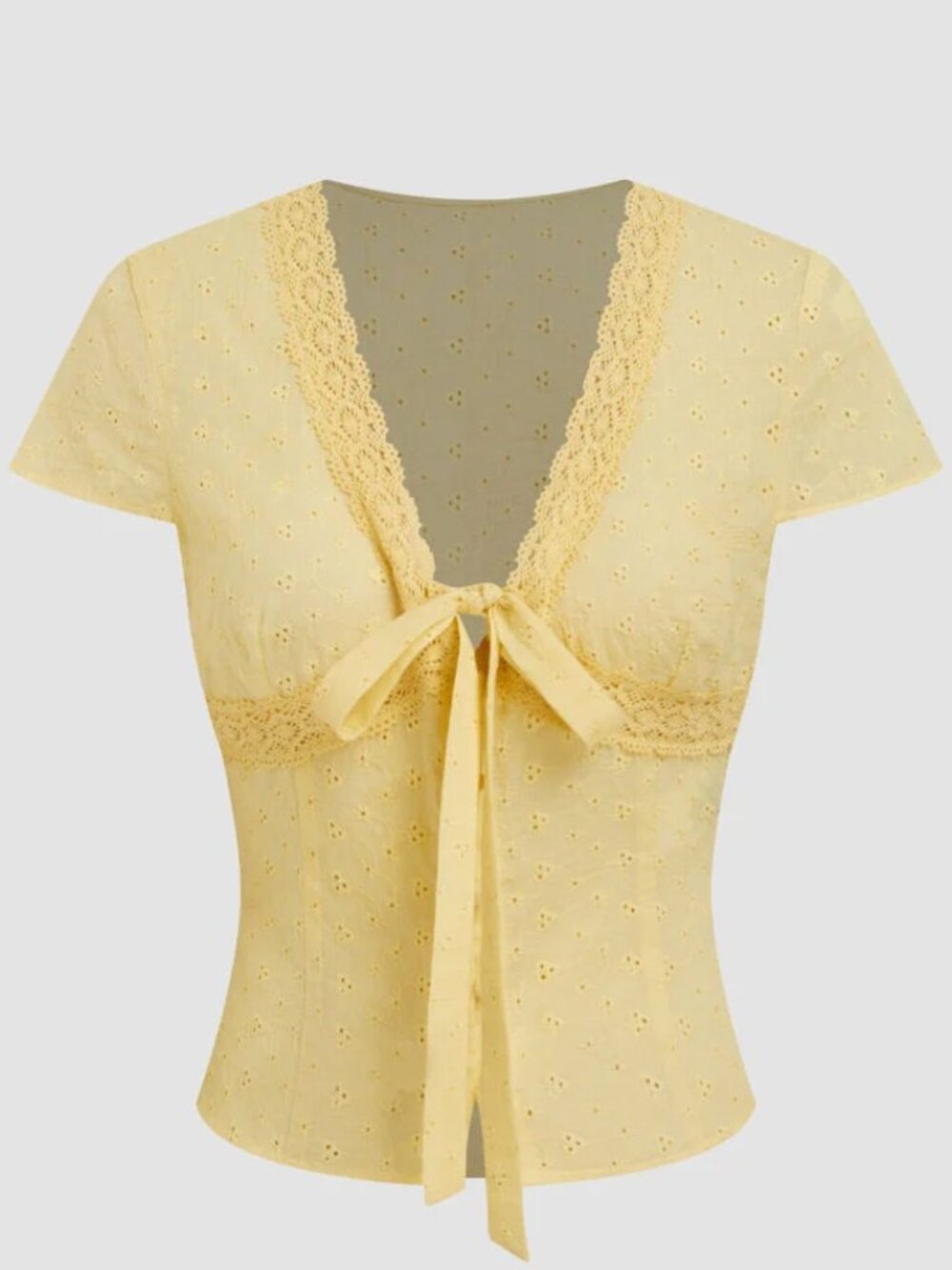 V-neck English Embroidery Bowknot Blouse - Butter Yellow
